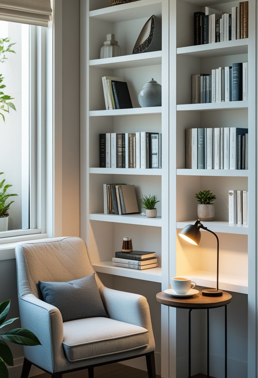 A cozy reading nook with a white corner bookshelf filled with books, a comfortable armchair, a side table with a cup and lamp, and natural light coming through a window.